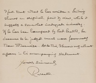 Lot 311 - Russell (Bertrand Arthur William, 1872-1970), 3rd Earl Russell..., Autograph Letter Signed