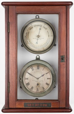 Lot 172 - Nautical Instruments. Victorian ship's bulkhead clock and barometer, Pascall Atkey & Son, Cowes