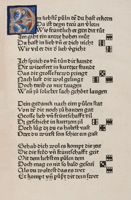 Lot 291 - Blaubirer (Johann, printer active 1478-1486). [Würfelbuch für Liebende]..., 1482