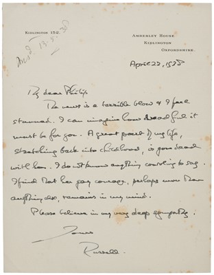 Lot 312 - Russell (Bertrand, 1872-1970), 3rd Earl Russell..., Autograph Letter Signed, ‘Russell’