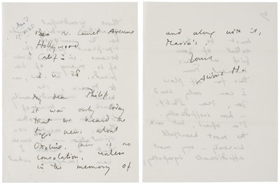 Lot 291 - Huxley (Aldous, 1894-1963), English writer and philosopher. Autograph Letter Signed, ‘Aldous H.’