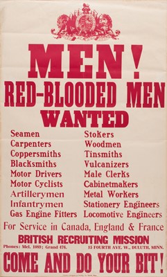Lot 162 - Men! Red-Blooded Men Wanted ... for Service in Canada, England & France..., lithographic poster