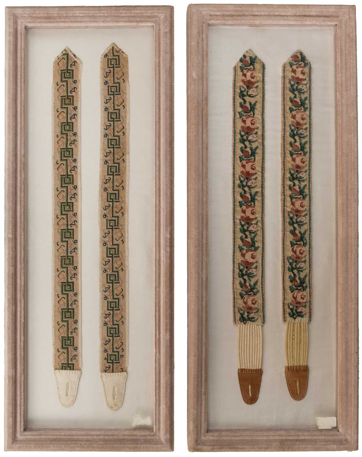 Lot 471 - Embroidered Braces. A pair of needlework braces, early 19th century, & another pair