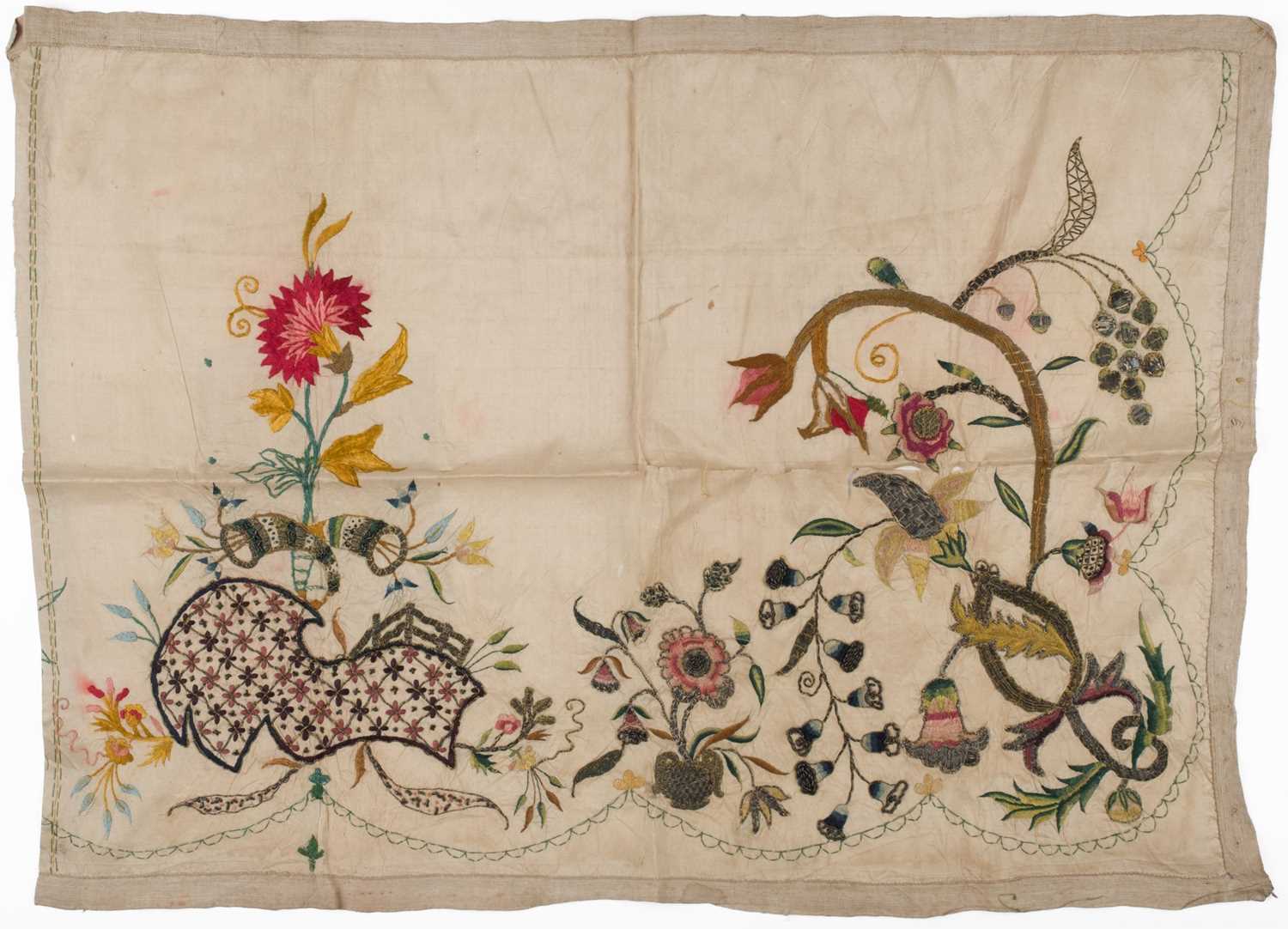 Lot 470 - Embroidered Apron. An English embroidered silk apron panel, late 17th/early 18th century