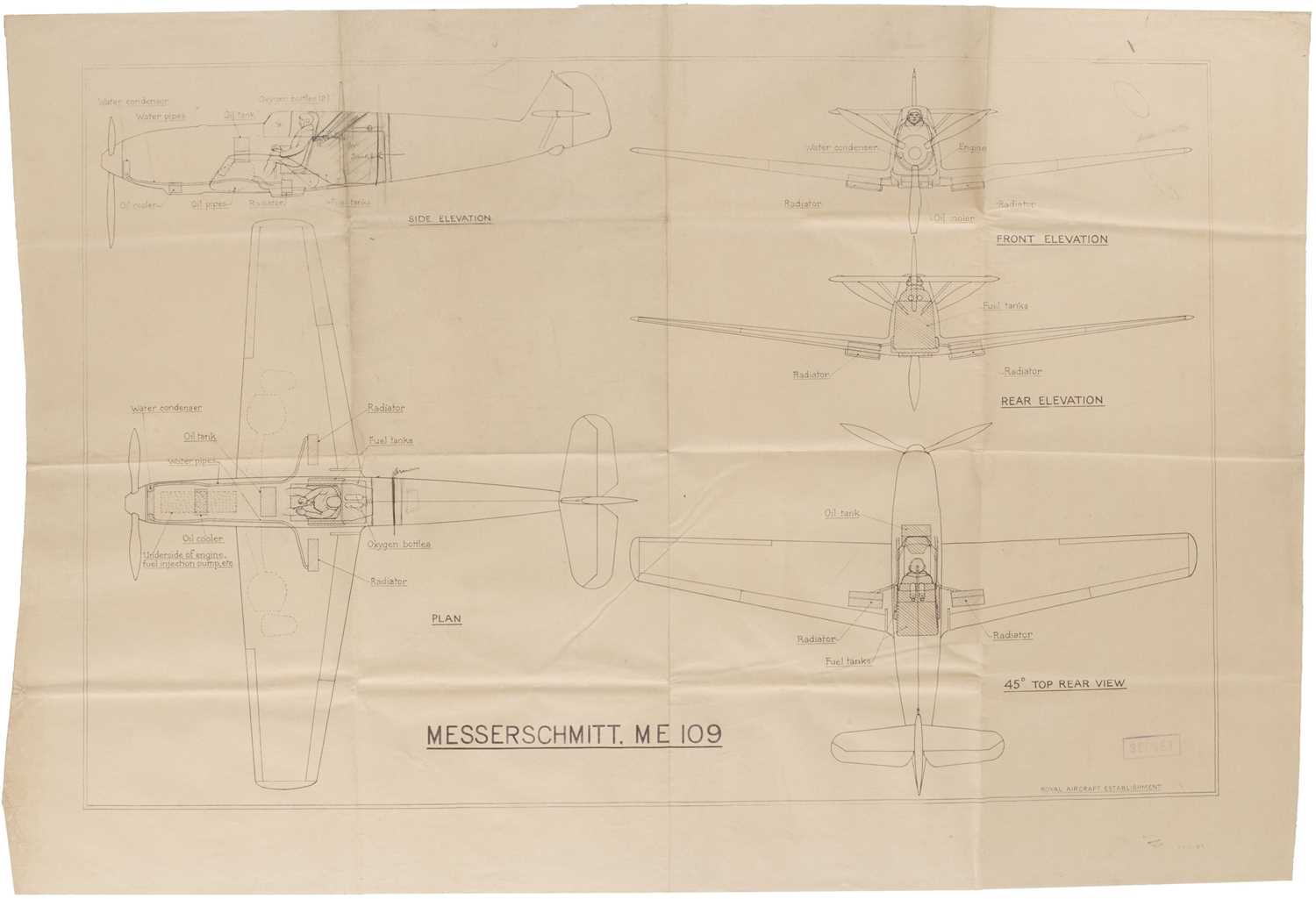 Lot 30 - Messerschmitt ME 109. A technical drawing blueprint, Royal Aircraft Establishment