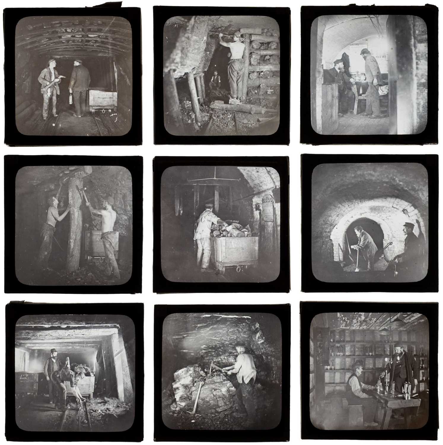 Lot 21 - Cannock Chase Colliery. A group of 27 diapositive magic lantern slides of mining scenes, c. 1888