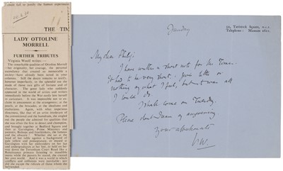 Lot 325 - Woolf (Virginia, 1882-1941), Autograph Letter Signed, .'V. W.', [24 April 1938]