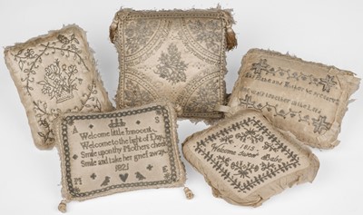 Lot 523 - Sewing. A layette pinwork pincushion, 1821, & 4 others