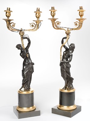 Lot 655 - Candelabras. A pair of large late 19th century French gilt-bronze figural candelabras