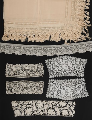 Lot 549 - Lace. A lace-trimmed shawl, circa 1840-1850, & other items