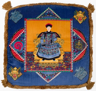 Lot 536 - Versace. A pair of Chinese Emperor cushions, 20th or 21st century, & 4 other cushions