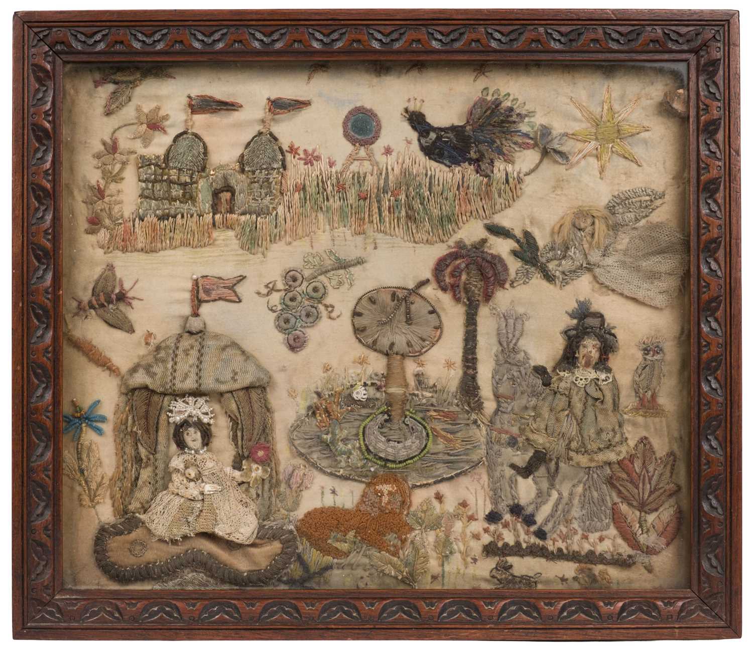 Lot 477 - Embroidered Picture. Stumpwork collage picture of Charles I and Henrietta Maria, 17th century