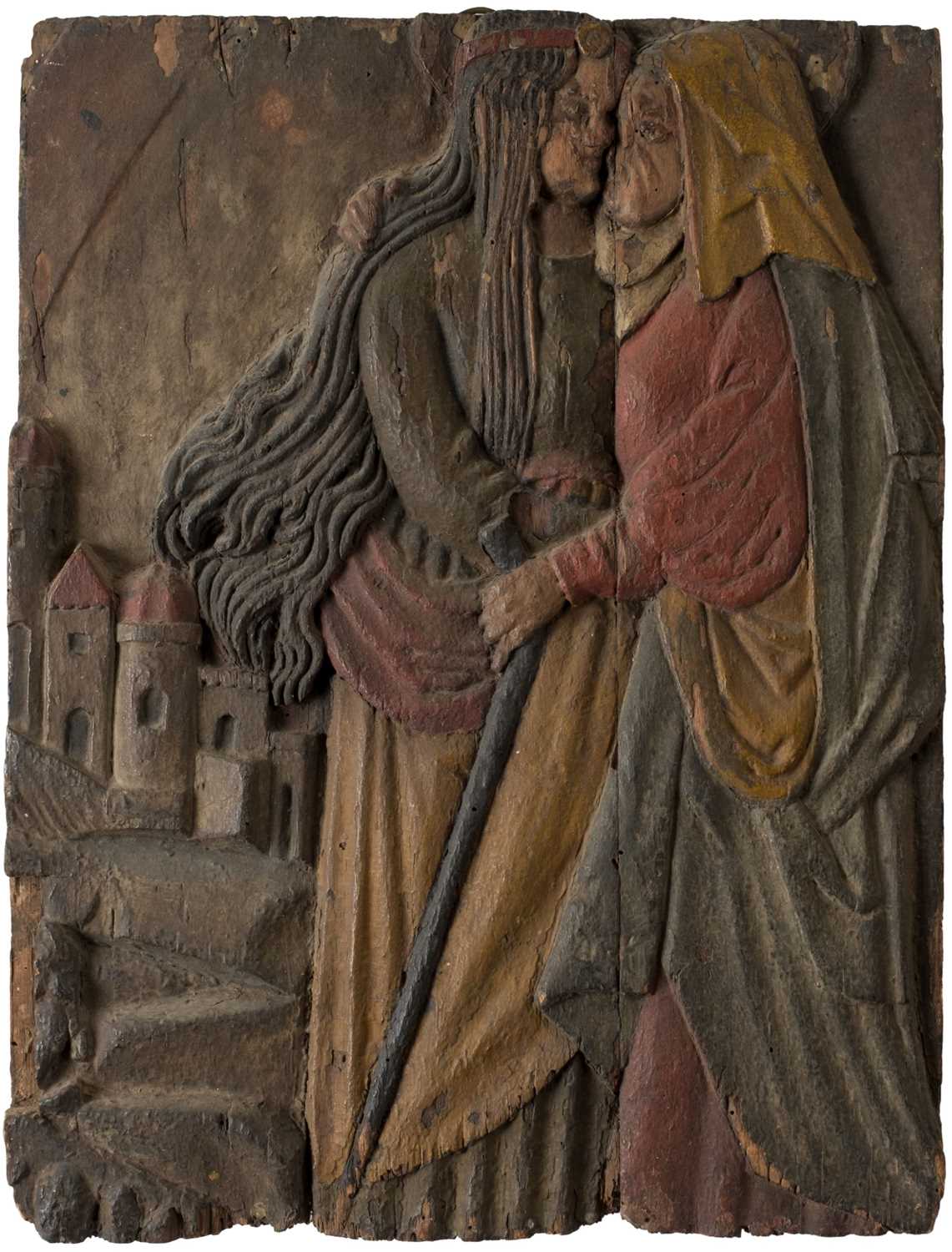 Lot 1 - Continental School. Carved wood panel of the Visitation of Virgin Mary to Elizabeth, 16th-c.(?)
