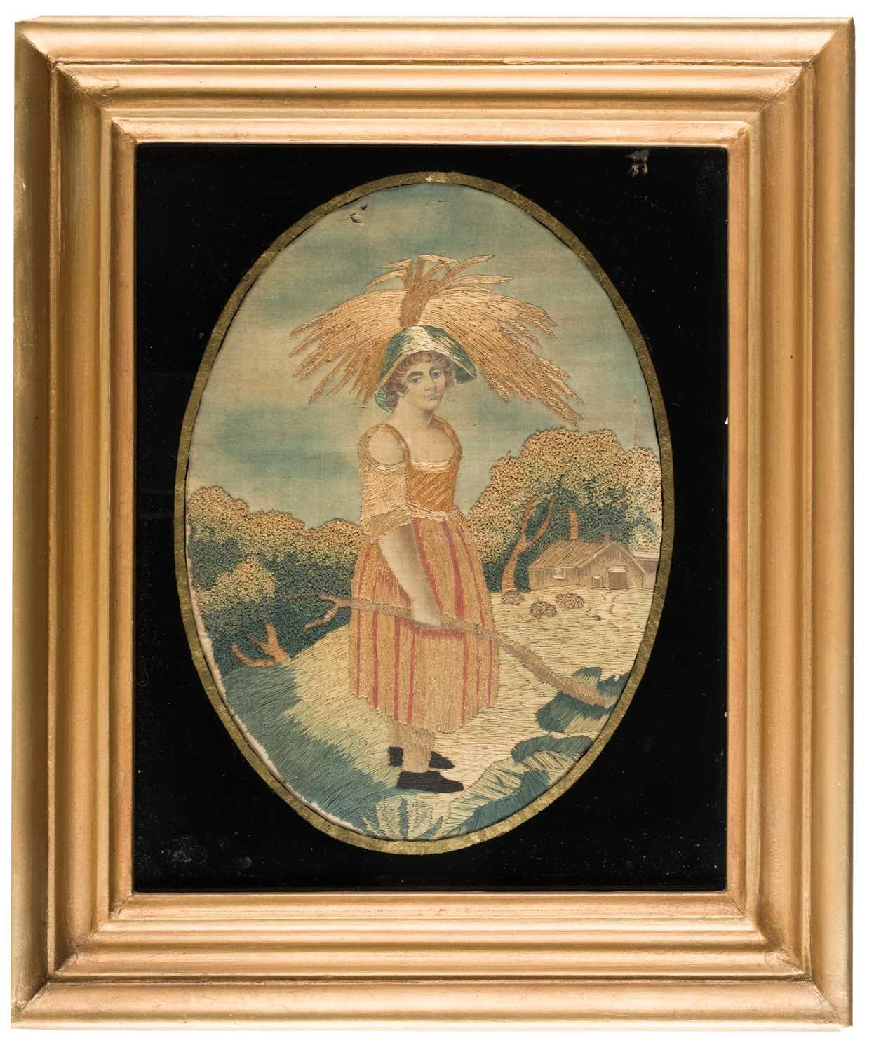 Lot 478 - Embroidered Pictures. A pair of oval needlework pictures of children, circa 1850