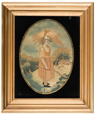 Lot 478 - Embroidered Pictures. A pair of oval needlework pictures of children, circa 1850