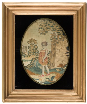 Lot 478 - Embroidered Pictures. A pair of oval needlework pictures of children, circa 1850
