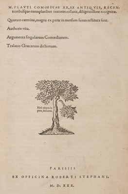 Lot 296 - Plautus (Titus Maccius). Comoediae XX. ex antiquis recentioribusque exemplaribus..., 1530