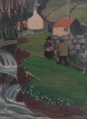 Lot 265 - Naive School. Figures in a Landscape, 20th century, oil