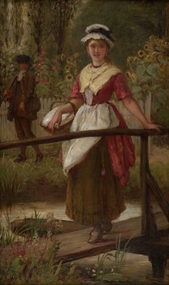 Lot 144 - English School. Young Lady on a Bridge, 19th century, oil