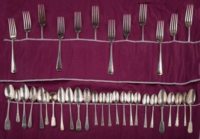 Lot 696 - Flatware. A collection of silver flatware, including 4 dessert forks by Richard Crossley, London, 1799