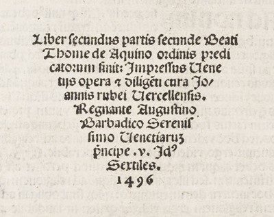 Lot 292 - Aquinas (Thomas). Secunda Parte, Venice, 1496