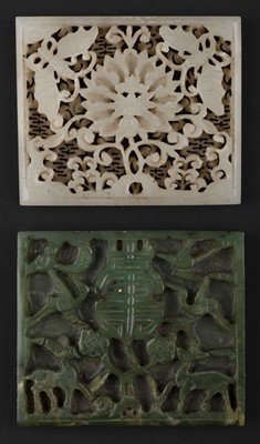 Lot 581 - Jade. A Chinese jade panel, pierced with butterflies and flowers plus a spinach green panel