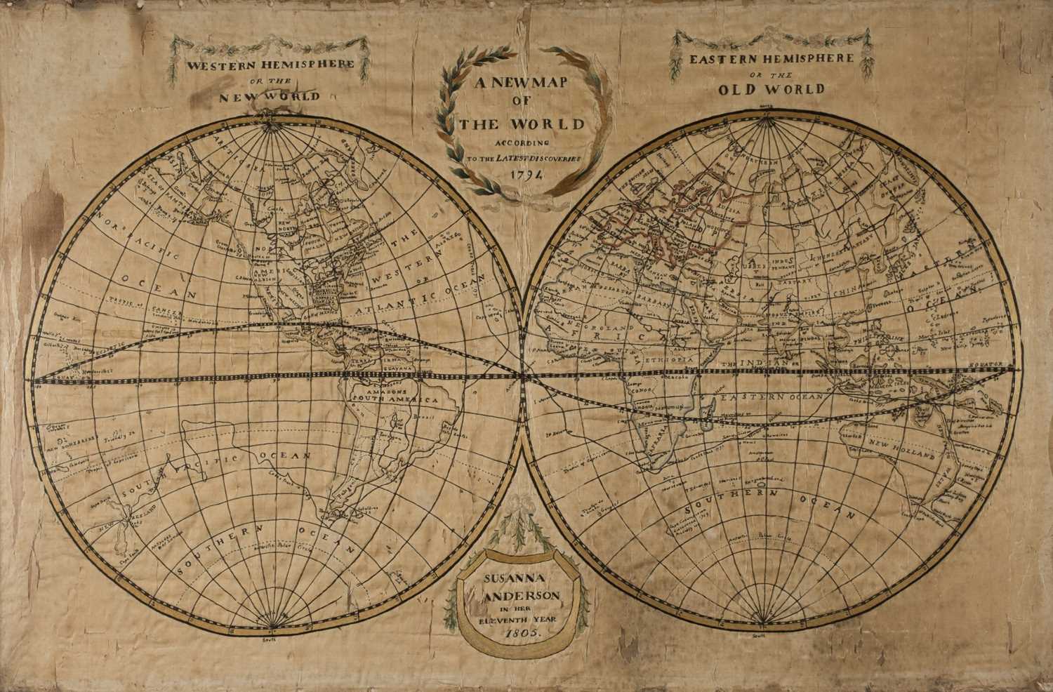 Lot 474 - Embroidered Map. A New Map of the World ... 1794, by Susanna Anderson, 1805