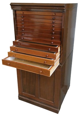 Lot 635 - Collector's cabinet. A mahogany two-piece collector/specimen cabinet, possibly by J J Hill and Sons, London NW10, circa 1920