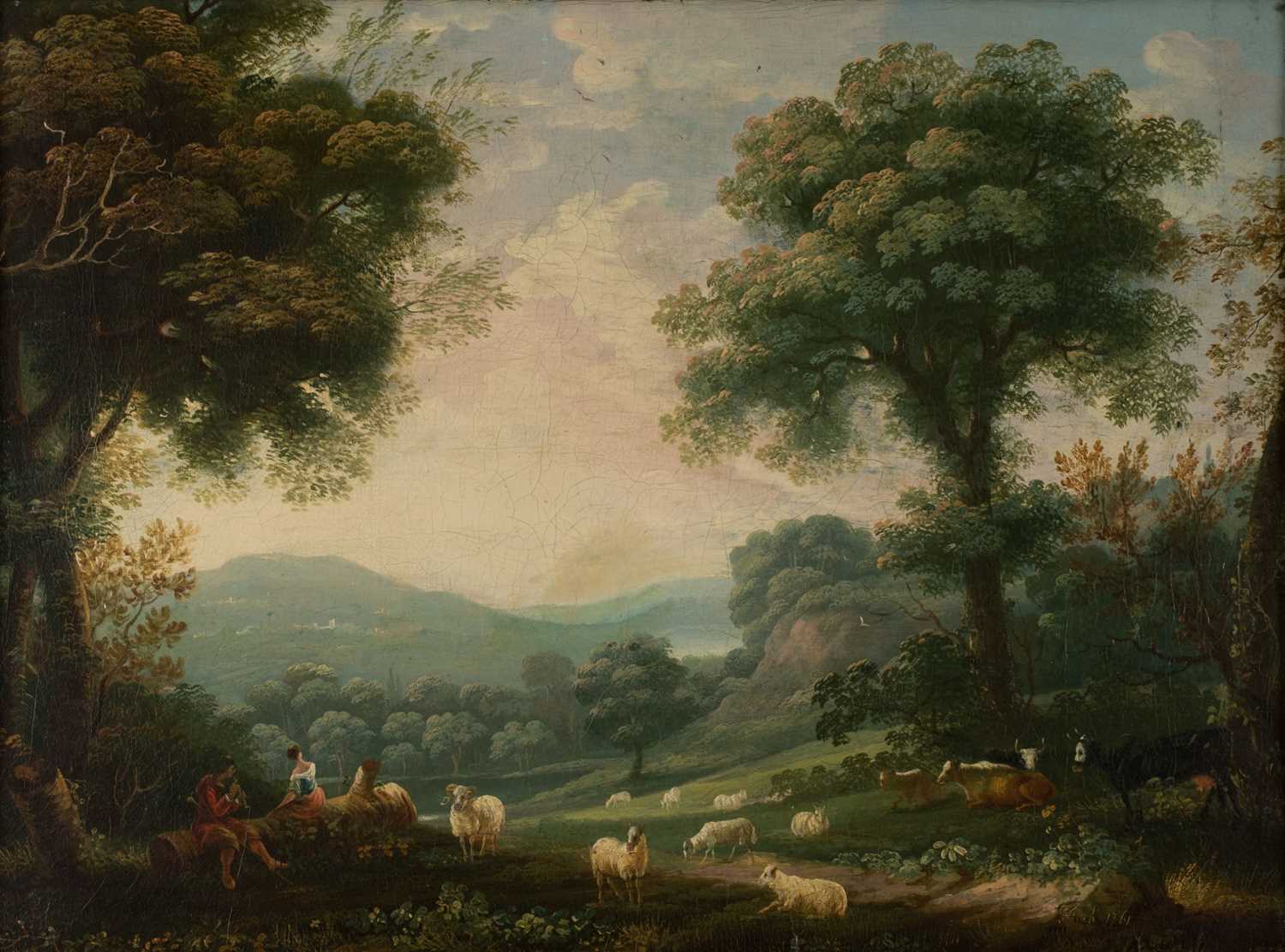 Lot 21 - Pugh (Herbert, fl. 1758-1788). Pastoral scene with 2 figures and livestock, 1761