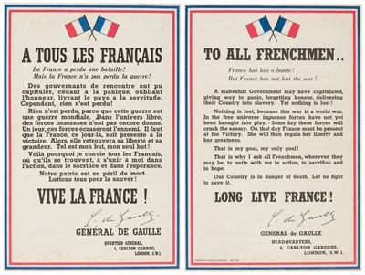 Lot 309 - De Gaulle (Charles). A Tous les Français / To All Frenchmen, [London:] Fosh & Cross Ltd., [1940]