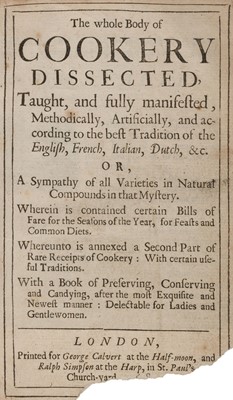 Lot 237 - Rabisha (William). The Whole Body of Cookery Dissected, 4th edition, 1682