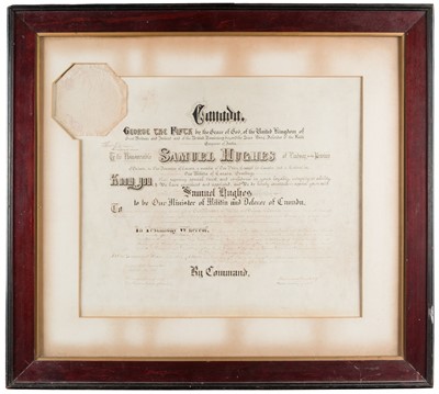 Lot 303 - Canadian Militia. A document appointing Samuel Hughes to be Minister of Militia, 1911