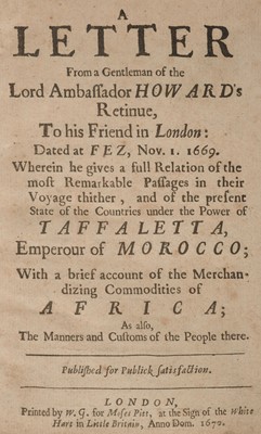 Lot 16 - Morocco. A Letter from a Gentleman of the Lord Ambassador Howard's Retinue, 1670
