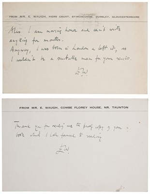 Lot 768 - Waugh (Evelyn, 1903-1966). Two brief Autograph Letters Signed with initials, 1956 & c. 1960