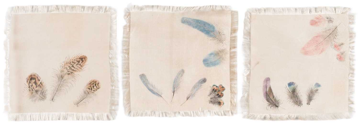 Lot 355 - Doilies. A set of 12 hand-painted silk placemats depicting feathers, late 19th/early 20th century