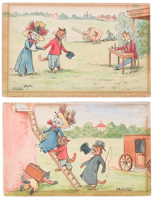 Lot 333 - Wain (Louis, 1860-1939). ‘The Elopement’ (and) ‘Married at Gretna Green’, c. 1910, pen and ink...