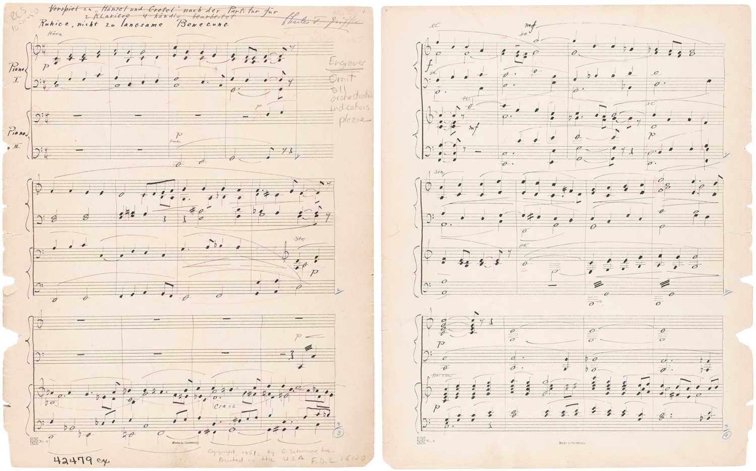 Lot 282 - Griffes (Charles). Autograph Manuscript Score for Overture to Hänsel und Gretel, c. 1910