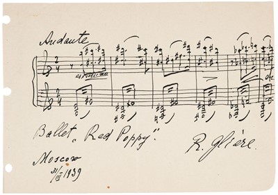 Lot 287 - Glière (Reinhold, 1856-1950). Autograph Musical Quotation Signed, Moscow, 31 March 1939