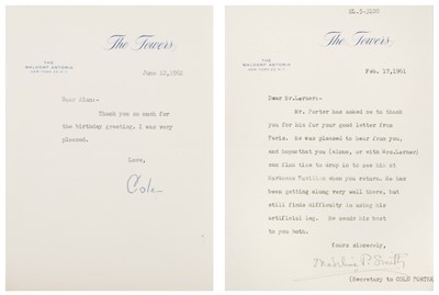 Lot 292 - Porter (Cole, 1891-1964). Typed Letter Signed, ‘Cole’, The Towers..., 12 June 1962