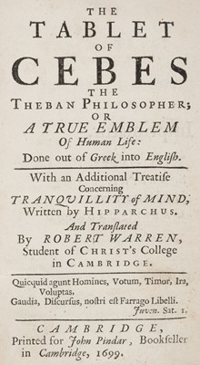Lot 237 - Warren (Robert, translator). The Tablet of Cebes..., 1699..., and one other