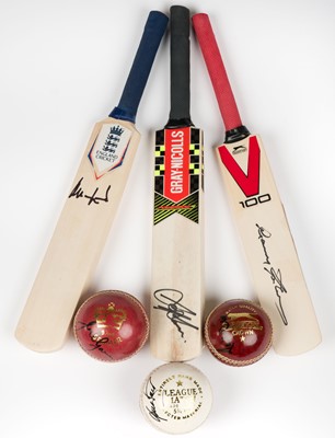 Lot 308 - Cricket Autographs. A group of 9 signed miniature cricket bats and 7 signed cricket balls