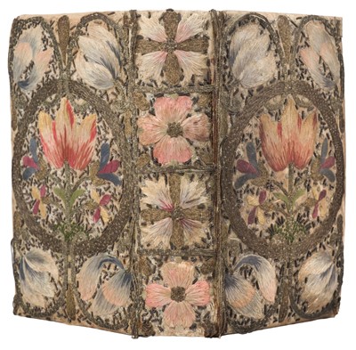 Lot 238 - Embroidered Binding. An early needlework binding over a later blank notebook, English