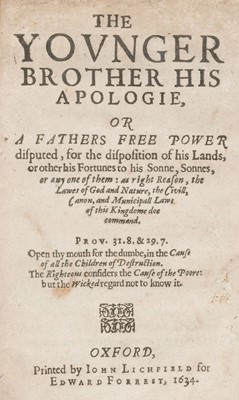 Lot 217 - [Ap-Robert, John]. The Younger Brother his Apologie..., 2nd ed., 1624 [i.e. 1634]