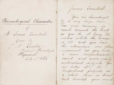 Lot 321 - Phrenological Character of Mr. James Trembath, Given by L. N. Fowler, 4 July 1863