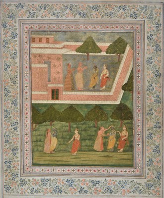 Lot 426 - Mughal School. Court scene with Krishna, Radha and female attendants, circa 1775-1800